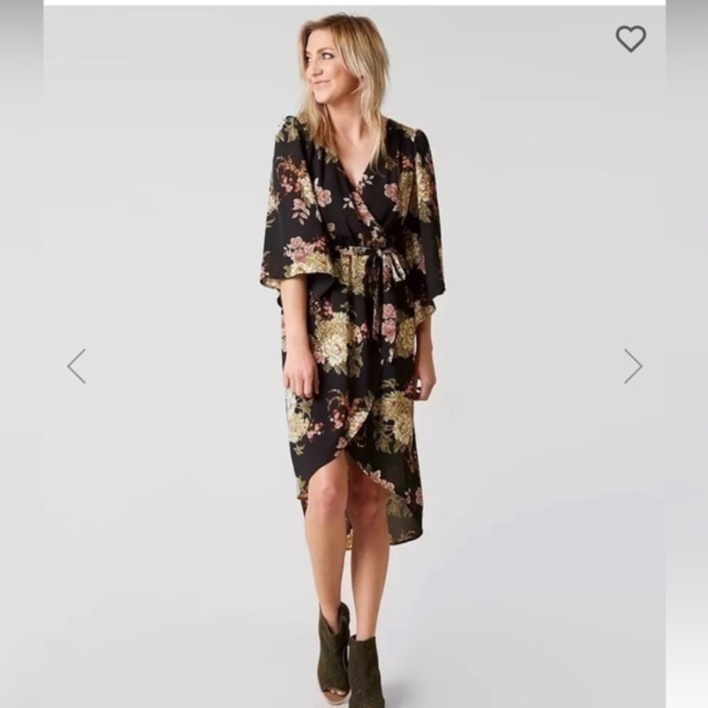Daytrip Floral Faux Wrap‎ Dress Black, Pink, Green, Mauve Size XS I27